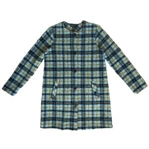 Rachel Zoe Sweater Coat Blue Plaid Longline Cardigan Wool Blend Small